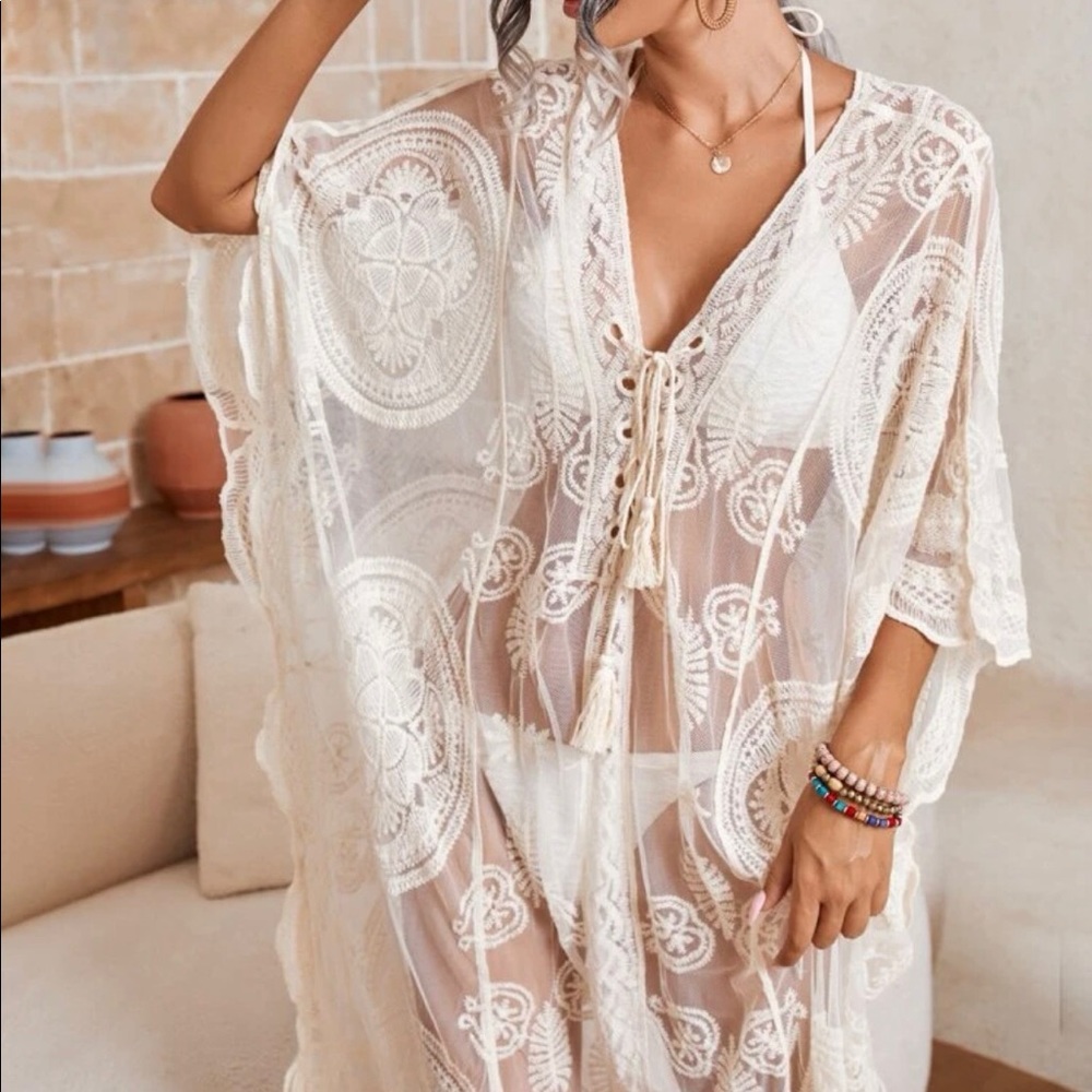 Embroidery lace up dress bikini cover-up beach summer transparent sexy lace up - Picture 3 of 7